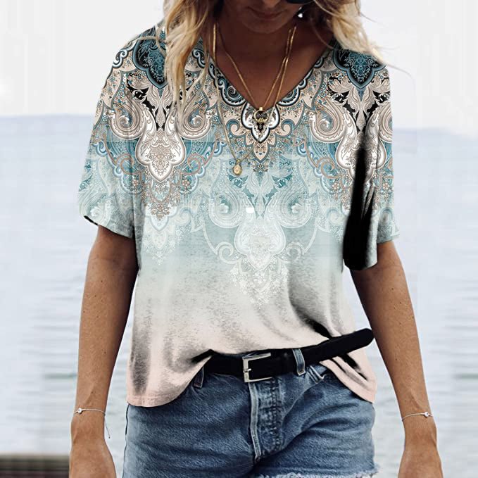 VChics Vintage Print V-Neck Short Sleeve Casual T-Shirt