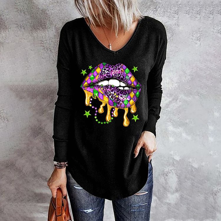 Mardi Gras Carnival Lips V Neck T-Shirt