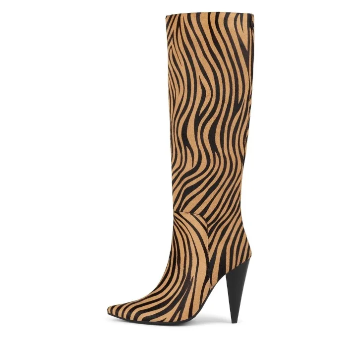 Brown and Black Zebra Fashion Cone Heel Knee High Boots Vdcoo