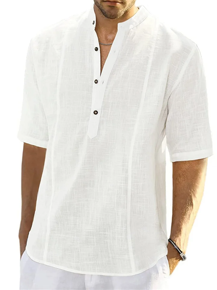 Men's Comfortable Casual Linen Shirt Medium Sleeve Men's Solid Color Tops S M L XL 2XL-Cosfine