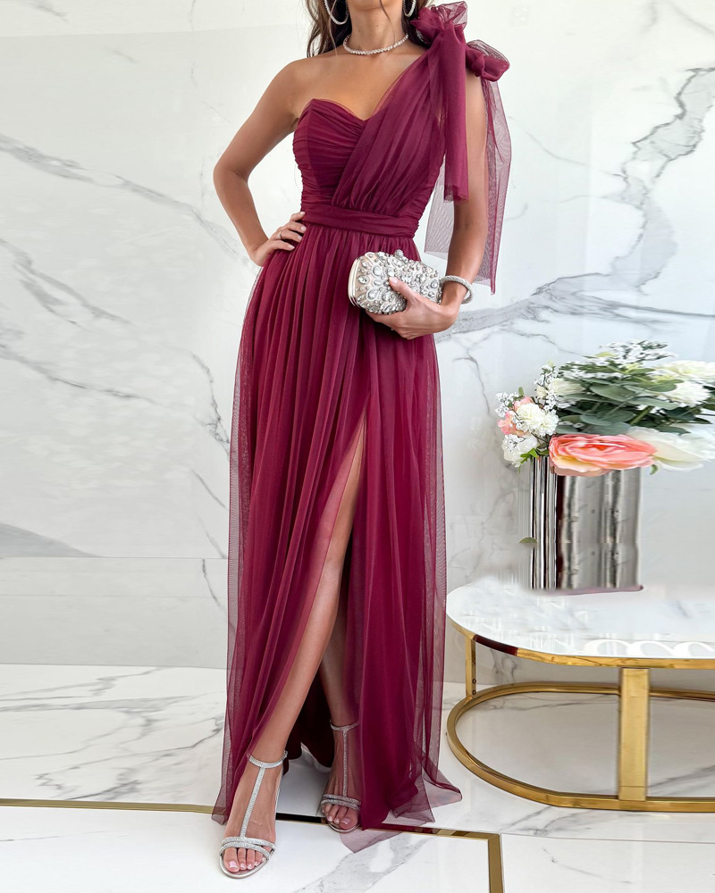 Perfee Striped One-Shoulder Slit Dress