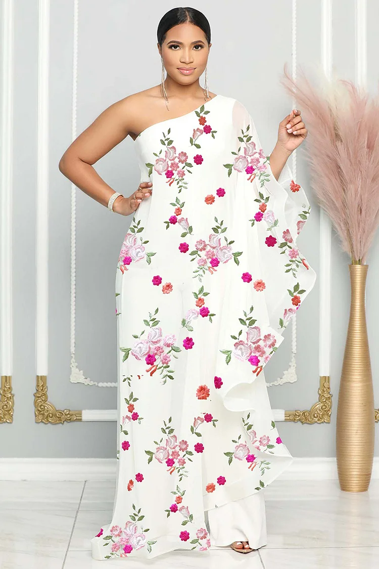 Floral Print One Shoulder Caped Sleeve Layered Trim White Jumpsuit