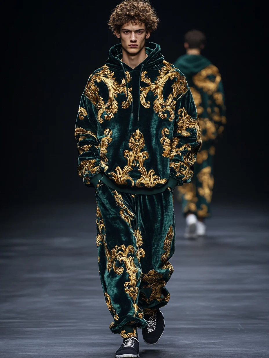 Velvet Baroque Printed Hoodie Two Piece Suit-inspireuse