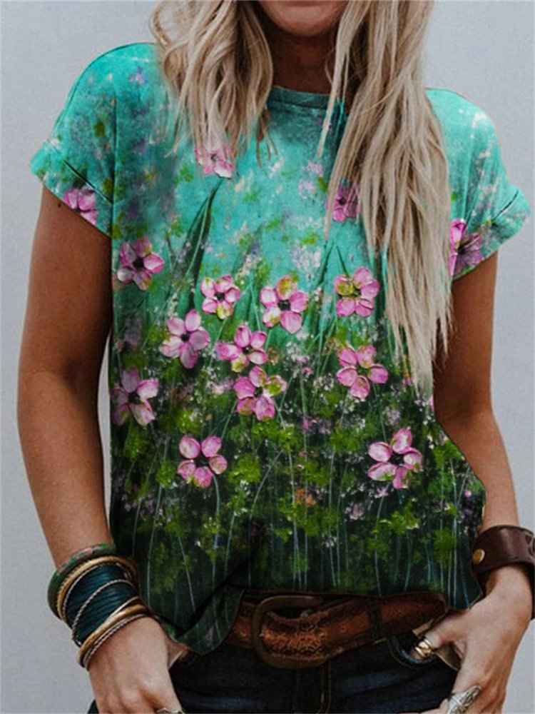Comstylish Flowers Oil Painting Crew Neck T Shirt
