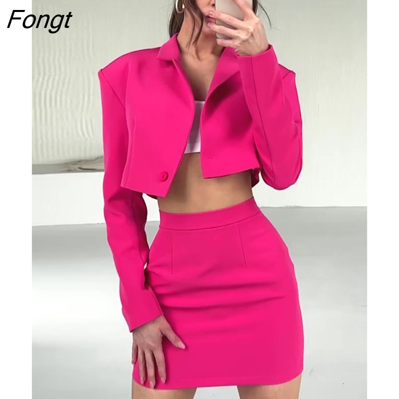Two-Piece Set with Blazer Style Top and Mini Skirt - Khaki