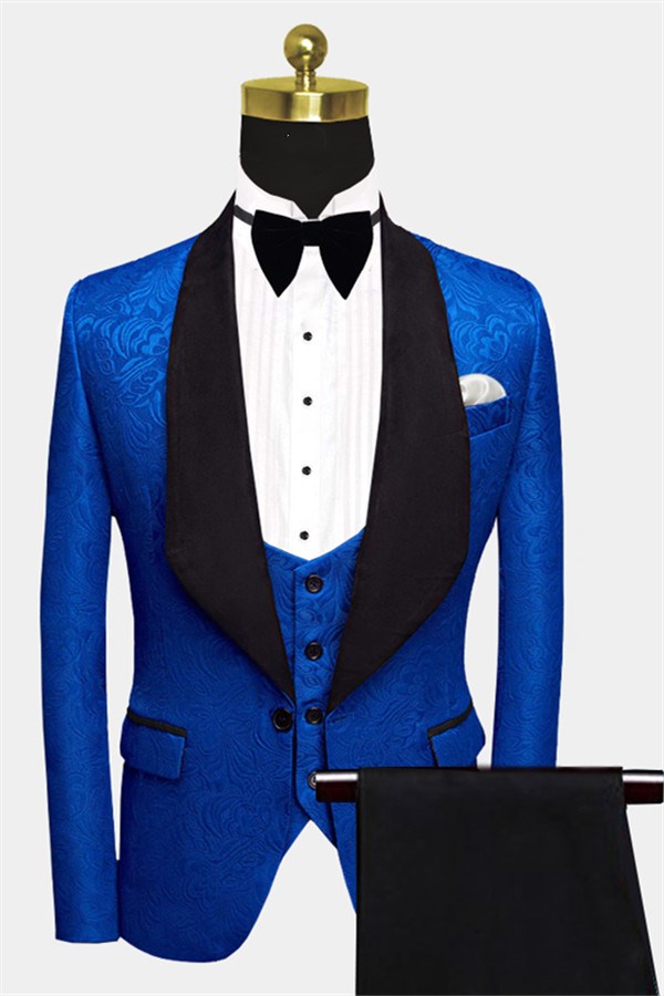 Dresseswow Royal Blue Suit For Men Prom Three Pieces Floral Jacquard