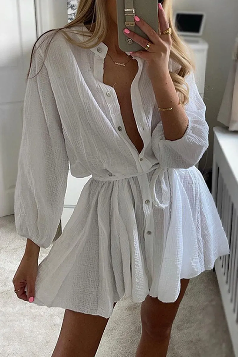 Lapel Lace-Up Button Dress