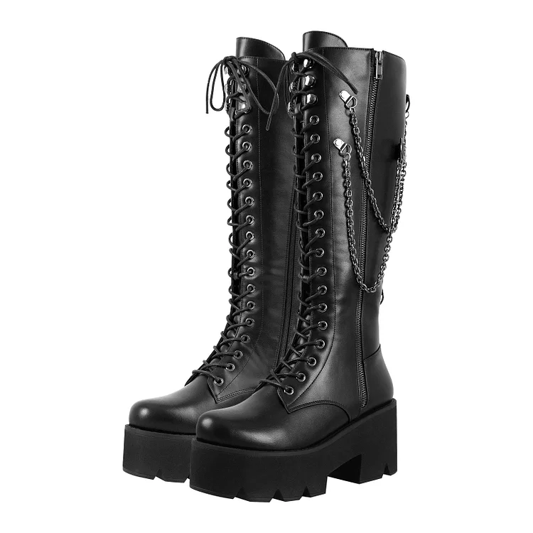 Motor Girl Knight's Style Chain-trimmed  Round Toe Platform Knee High Boots