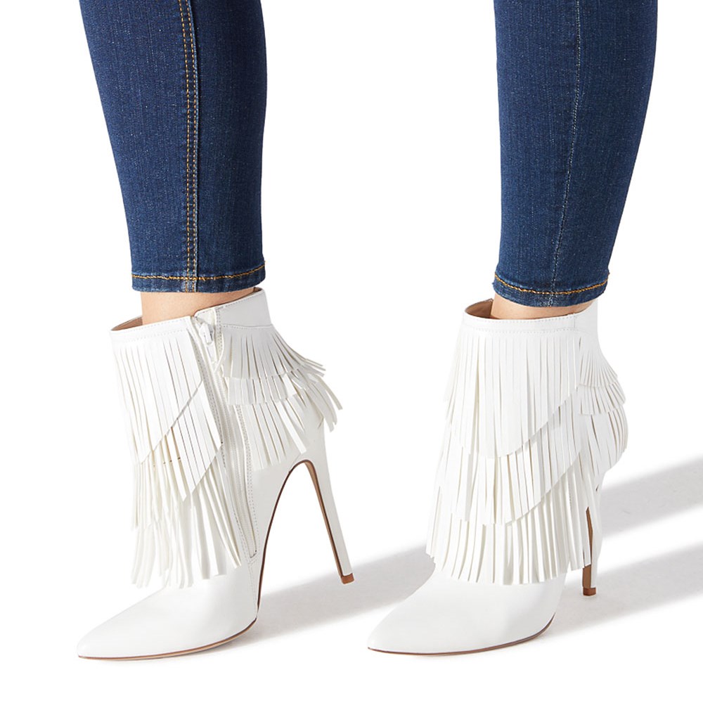 White Fringe Boots Stiletto Heel Ankle Boots FSJshoes