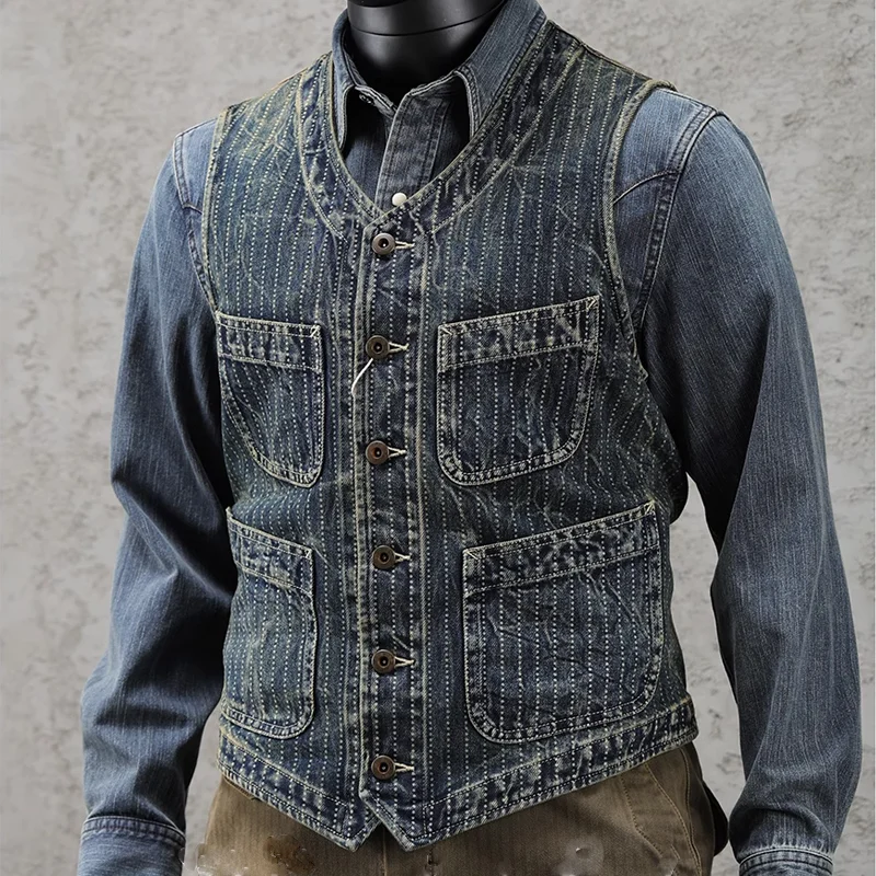 Retro Workwear Western Washed Discharge-Dyed Distressed Striped Vest