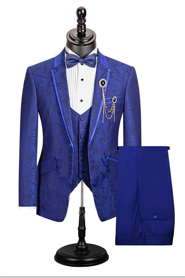 Dresseswow Three Pieces Royal Blue Single Butto Paisley Pattern Dinner Prom Suits For Man