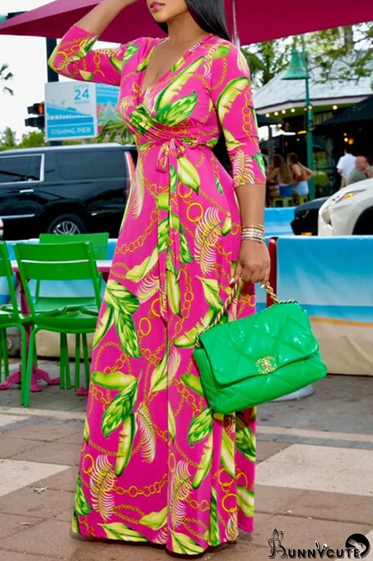 Rose Red Fashion Casual Print Bandage V Neck Long Dress