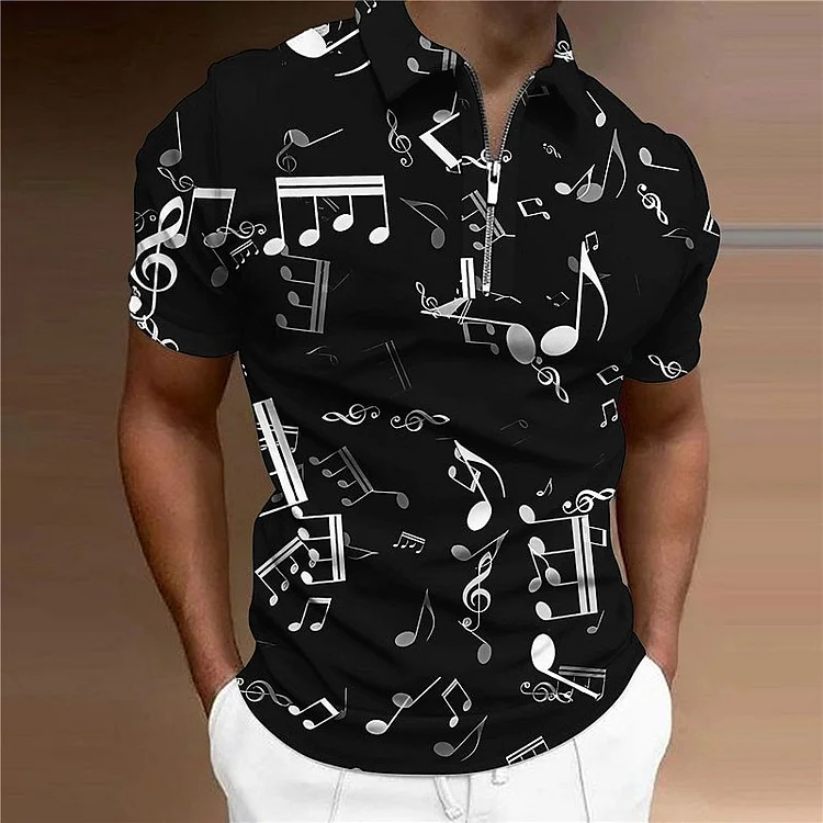 Men's Fashion Music Note Patterns Lapel Half Zipper Polo Shirt