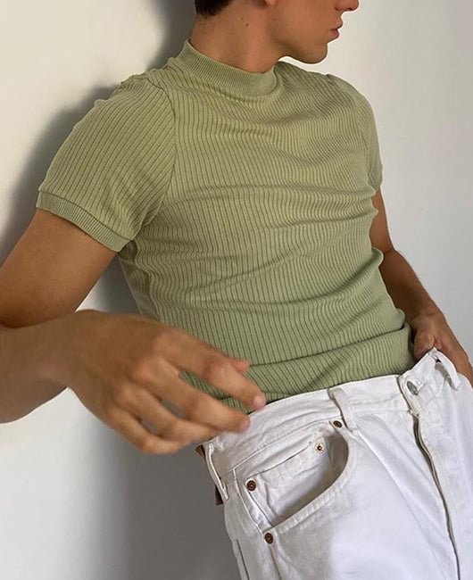 Casual Plain Mock Neck Short Sleeve Slim Fit Shirt