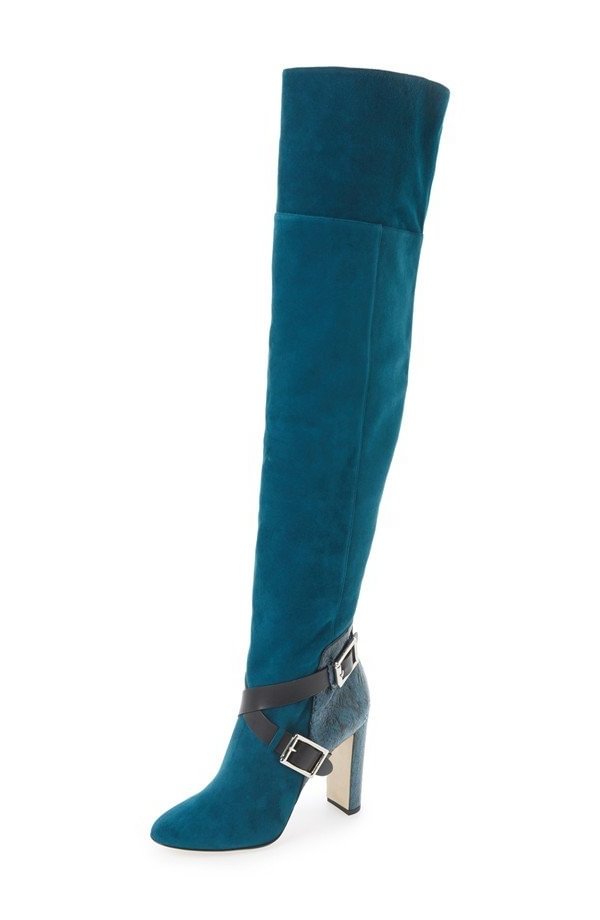 Cyan Suede Long Boots Buckles Stiletto Heel Over-the-knee Boots |FSJ Shoes