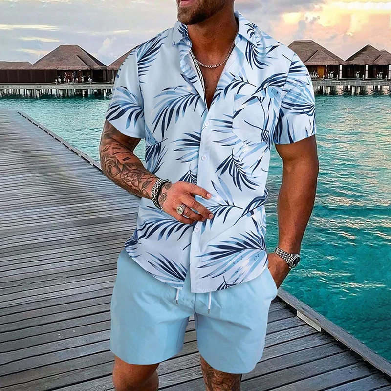 Hawaiian Resort Palm Leaf Print Short Sleeve Shirt-inspireuse