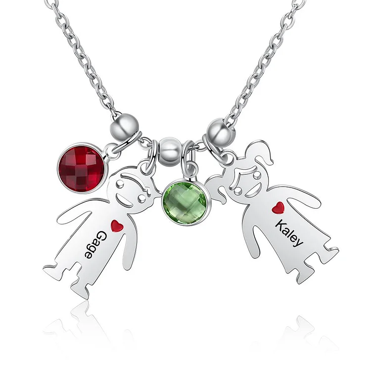 Mother Necklace with 2 Birthstones and Engraved Children Charms