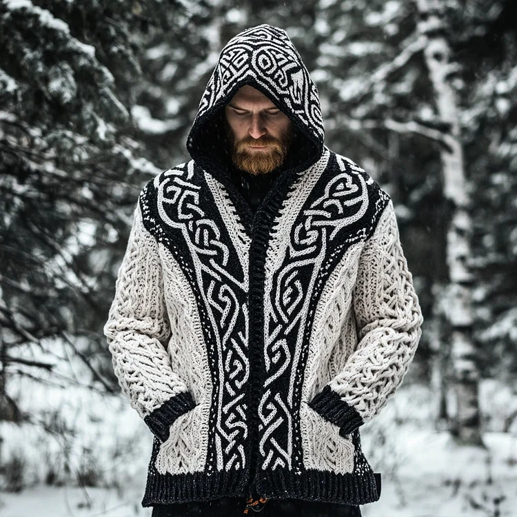 Men's Viking Celtic Knotted Jacquard Pocket Hooded Cardigan Sweater