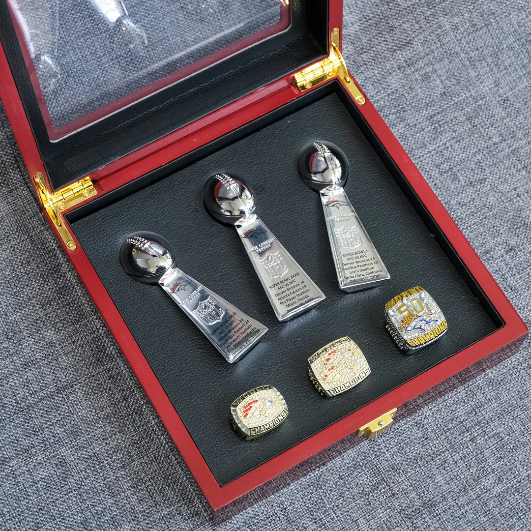 【DENVER BRONCOS 】3 Trophys and 3 Pcs Ring Set + Box NFL