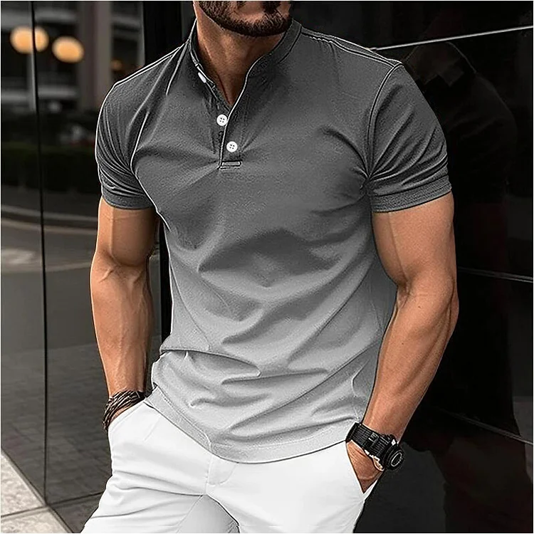 Men's Stand Collar Gradient Casual Short Sleeve Golf Henley Shirt socialshop