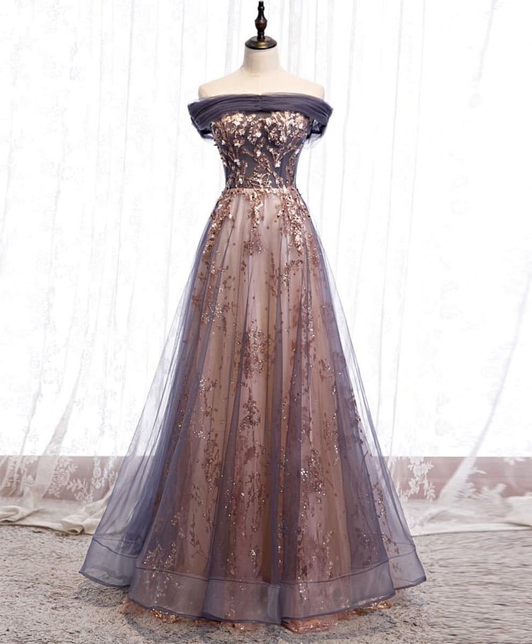 Unique tulle off shoulder lace long prom dress lace formal dress A031