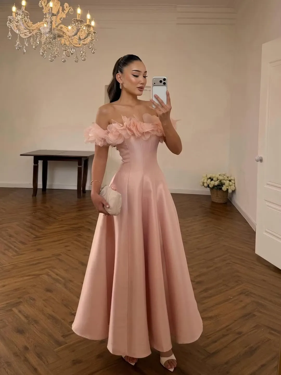 formal sleeveless women's light pink off the shoulder dress Ovlias Off-the-Shoulder A Line Prom with Pleats WT0129 Easter Collection