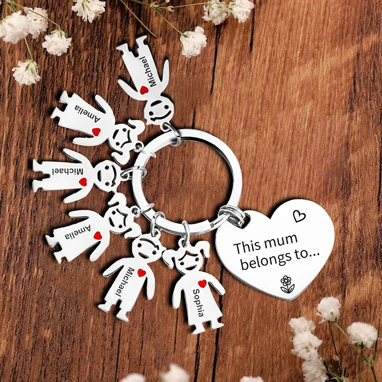 6 Names - Personalized Keychain with Kid Charm Engraved Names Keychain Heart Mother's Day Gift for Mum/Nan