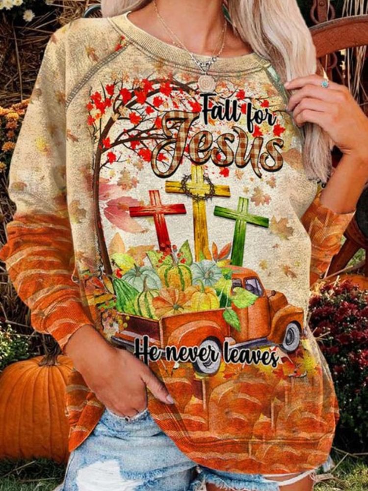 Vefave Thanksgiving Faith Pumpkin Cart Print Sweatshirt