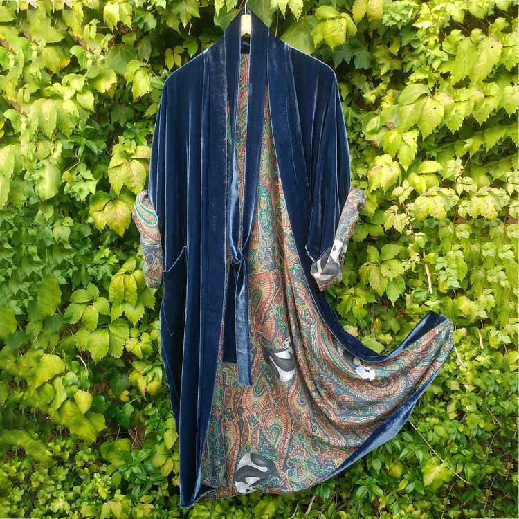 VChics Retro Lined Printed Blue Kimono Duster