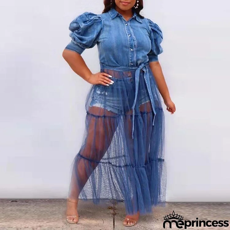 Women Fashion Denim Stitching Mesh Plus Size Dress