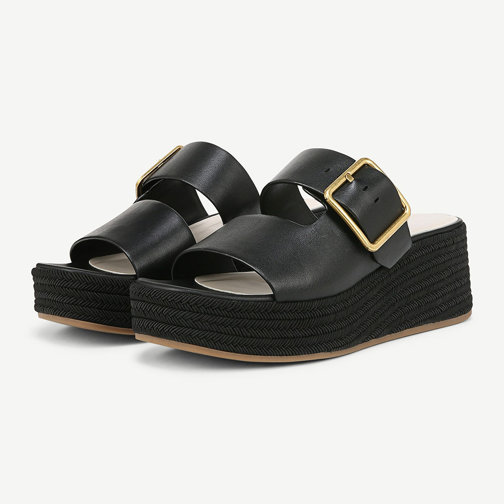 Open Square Toe Buckle Strap Woven Wedge Heel Black Platform