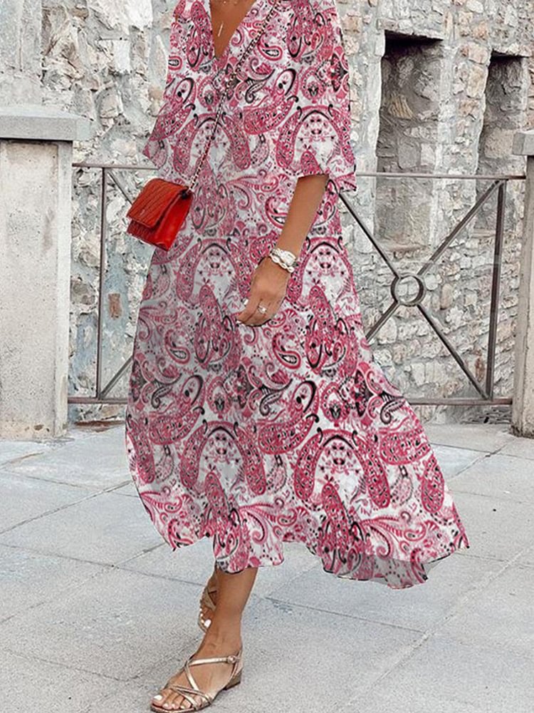 V-neck Boho Print Cotton Blend Maxi Dress P16214