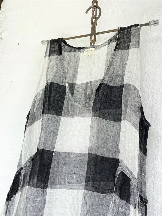 Classic Black White Grey Plaid Print Sleeveless Linen Dress