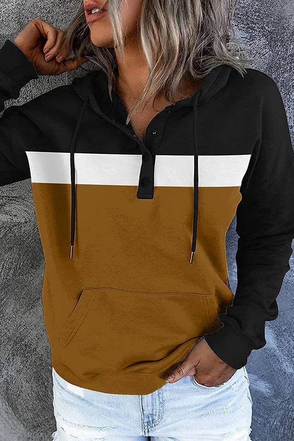 Colorblock Button Drawstring Pullover Sweatshirt socialshop