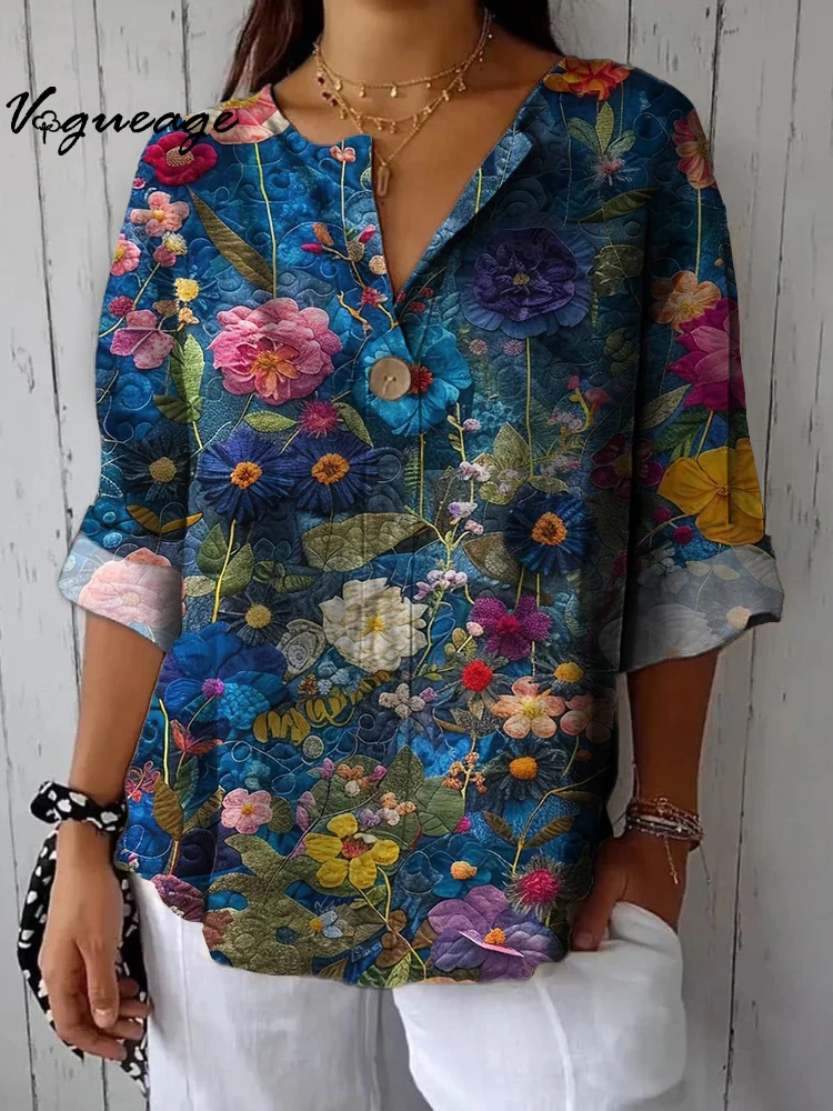 Gorgeous And Bright Fantasy Flowers Printed Cotton And Linen Shirt