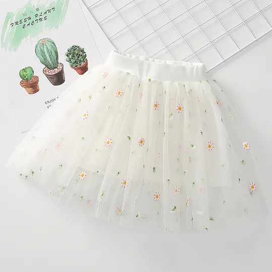【18M-7Y】Girls' Daisy Embroidered Tulle Skirt