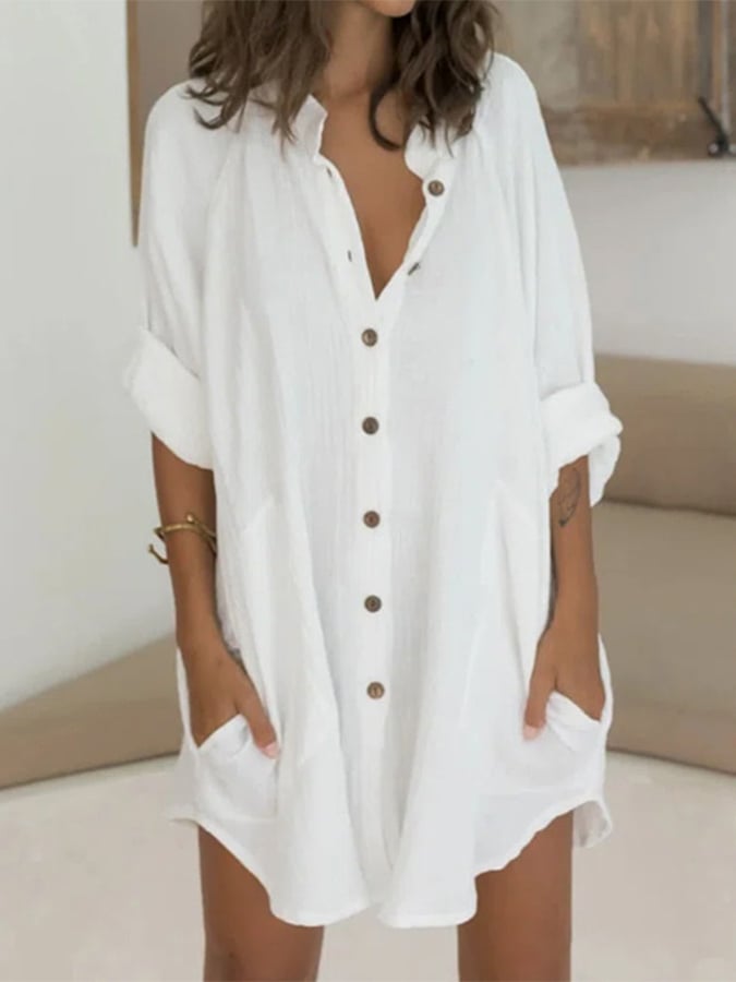 Women's Cotton Linen Loose Half Sleeve Shirt Dress