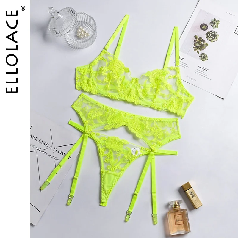 Uaang Ellolace Neon Floral Lingerie Piece Set Transparent Underwear