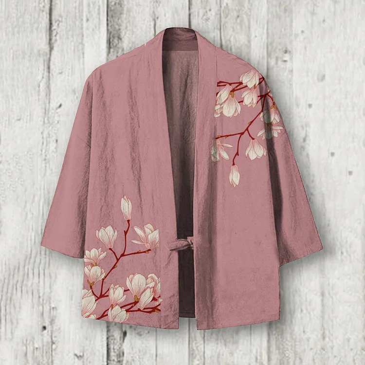 Comstylish Japanese Art Floral Printed Linen Blend Kimono