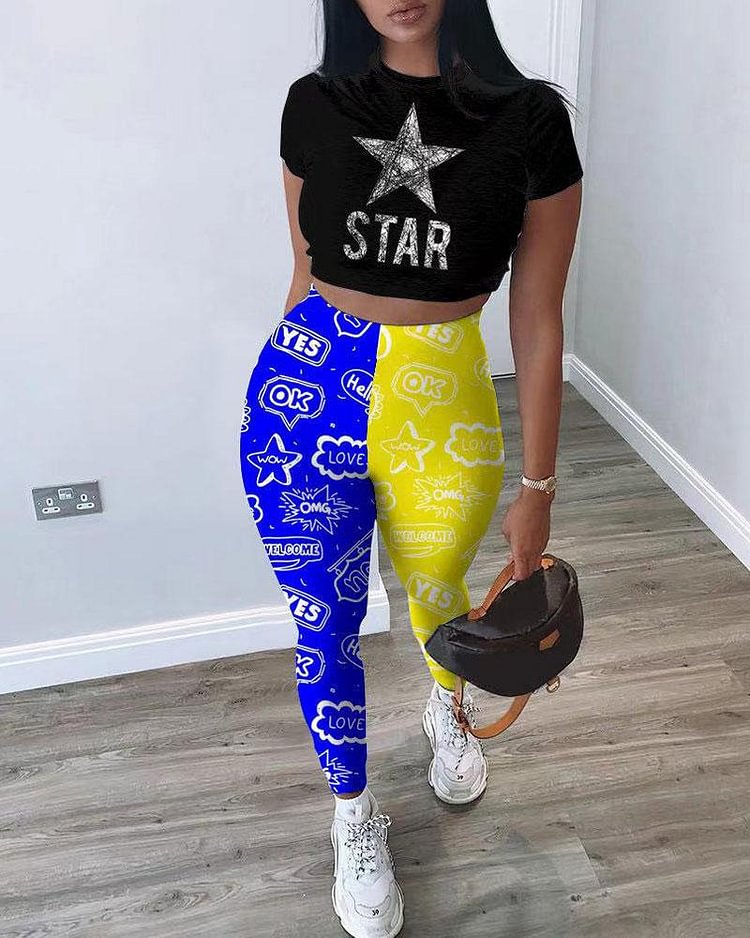Colorblock Strar & Letter Print Crop Top & Pants Set - Shop Trendy Women's Clothing | LoverChic