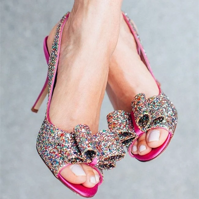 Hot Pink Glitter Peep Toe Slingback Heels Sandals |FSJ Shoes