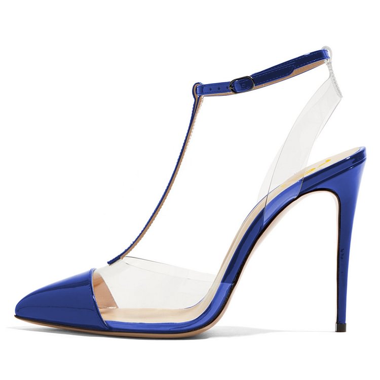 Blue T Strap Sandals Mirror Leather Ankle Strap Clear Sandals |FSJ Shoes