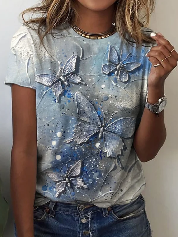 Comstylish Women's Shiny Embossed Butterfly T-Shirt