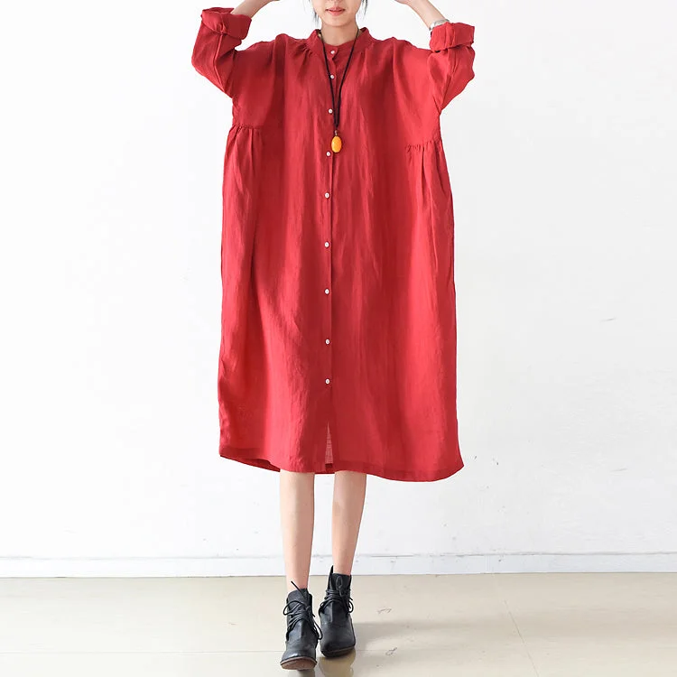 2021 fall red linen dresses plus size casual shirt dress oversize linen clothing