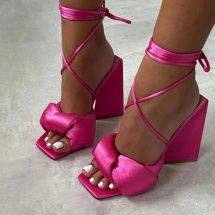 Elegant Hot Pink Square Toe Chunky Heel Sandals Vdcoo