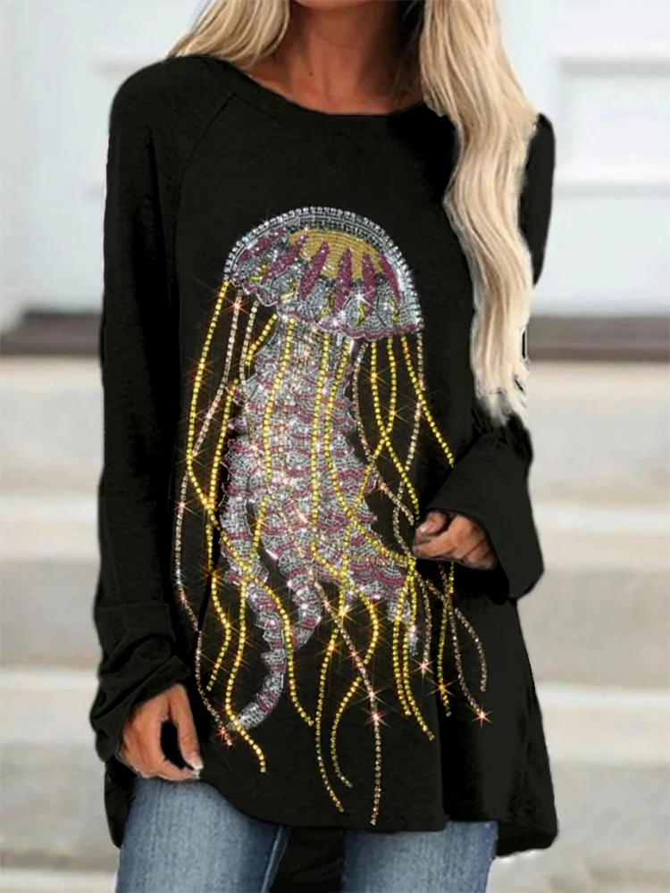 VChics Elegant Jellyfish Glitter Art Long Sleeve A Line T Shirt
