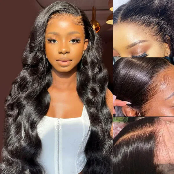 Human Hair Body Wave Lace Front Wig Black Women 13x4 HD Lace Front Wig 180% Density Natural Color Human Hair