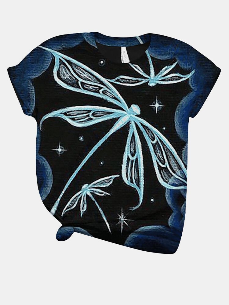 Dragonfly Print O neck Short Sleeve Casual T Shirt For Women P1797588