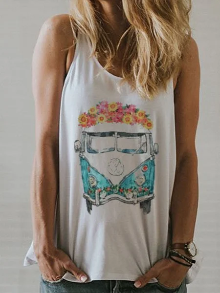 Bestdealfriday White Sleeveless Printed Graphic Cotton Blend Shirts Tops 9365475