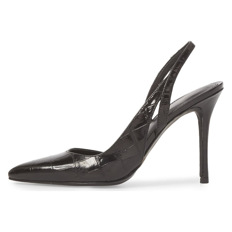 Black Bamboo Grain Pointy Toe Stiletto Heel Slingback Pumps |FSJ Shoes